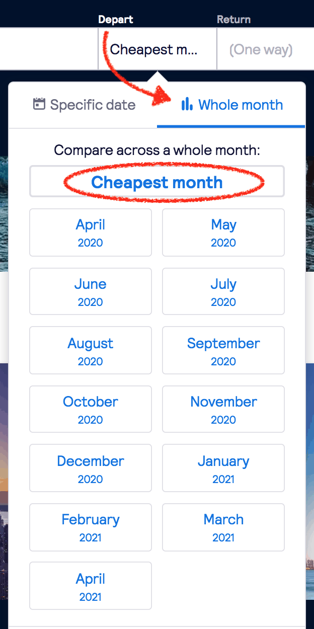 Skyscanner allows you to search for the cheapest flights by month