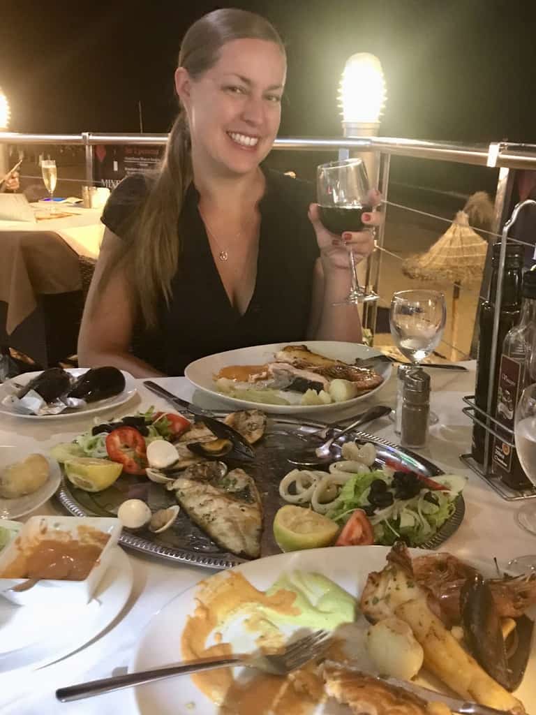 Joannda having a seafood platter dinner meal deal in Tenerife