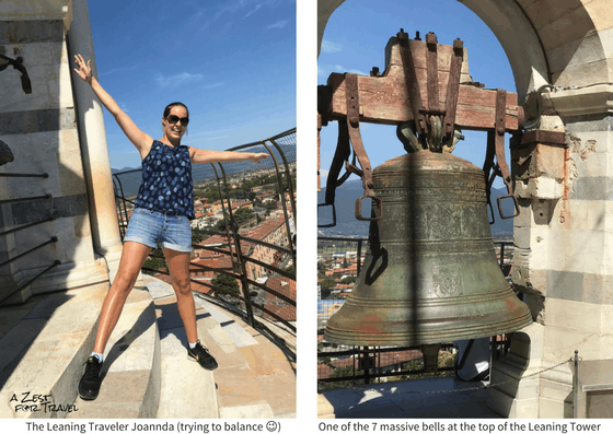 Joannda at a tilt at top of the Leaning Tower of Pisa and a big bell