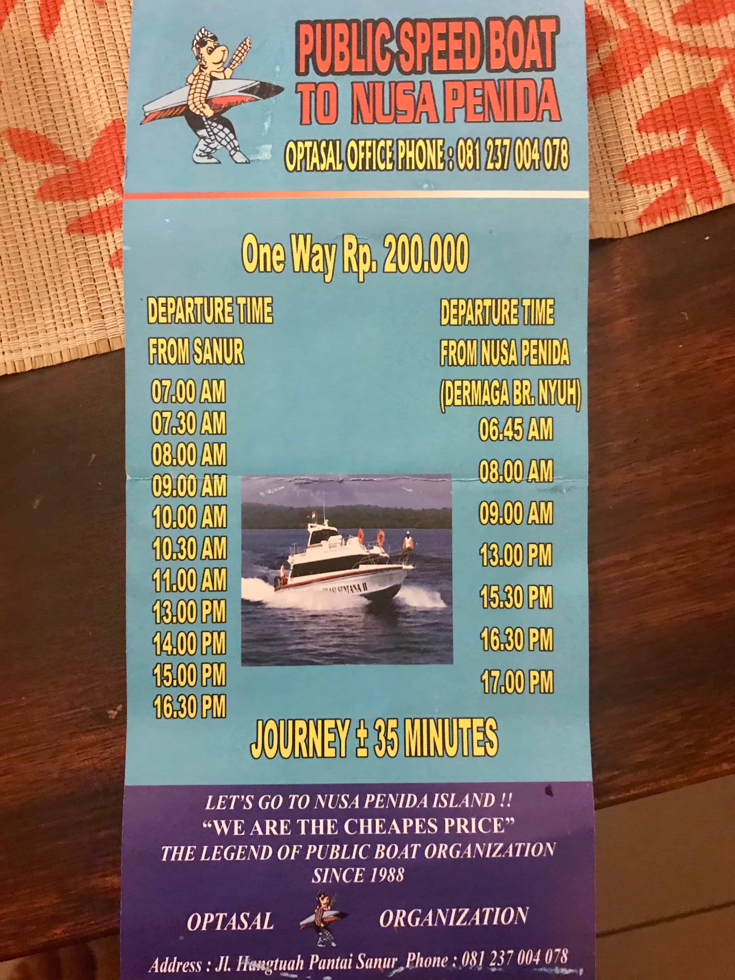 Public fast ferry from Sanur to Nusa Penida ticket prices and times