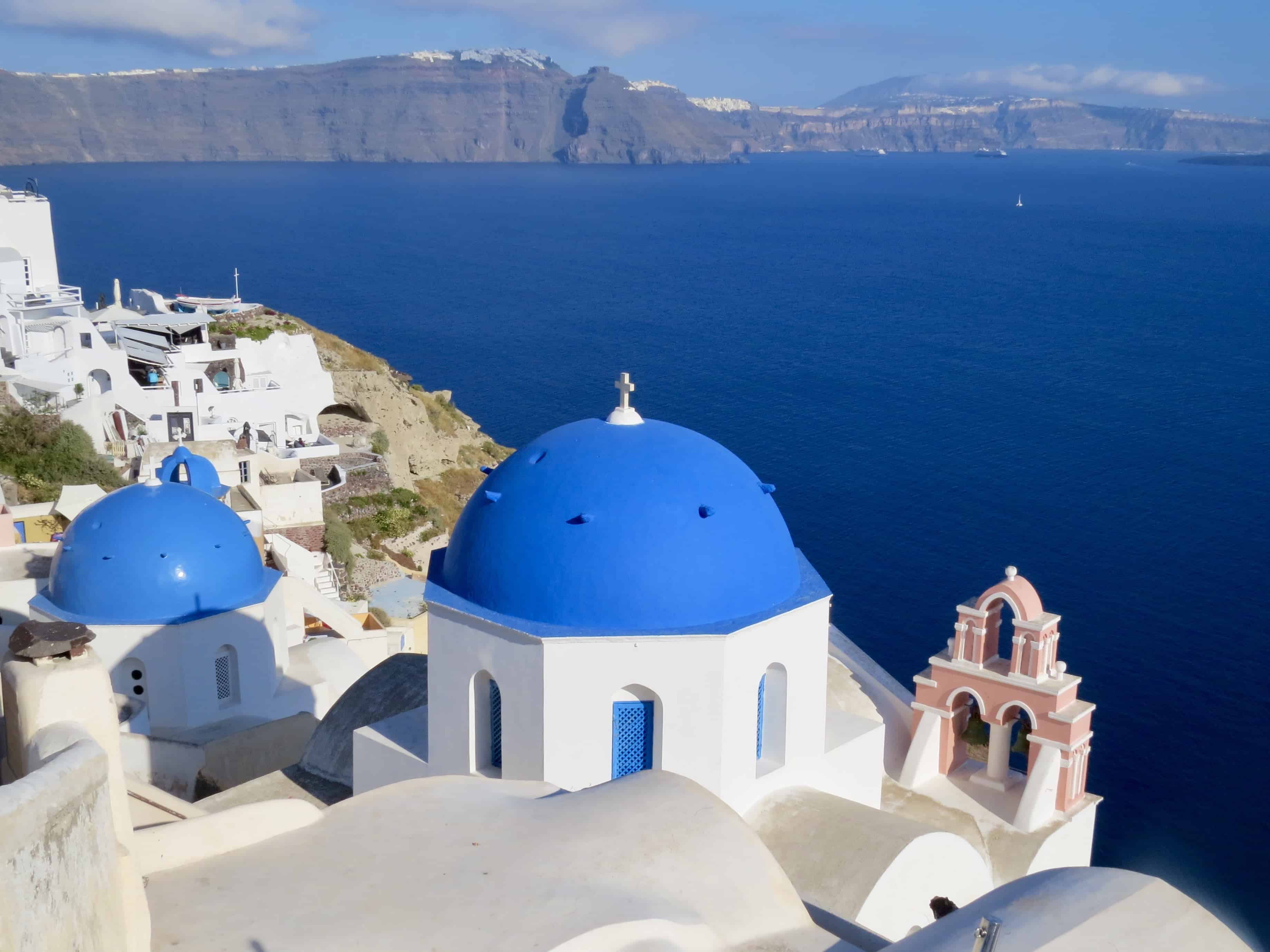 Blue domed churches on Santorini, Greece