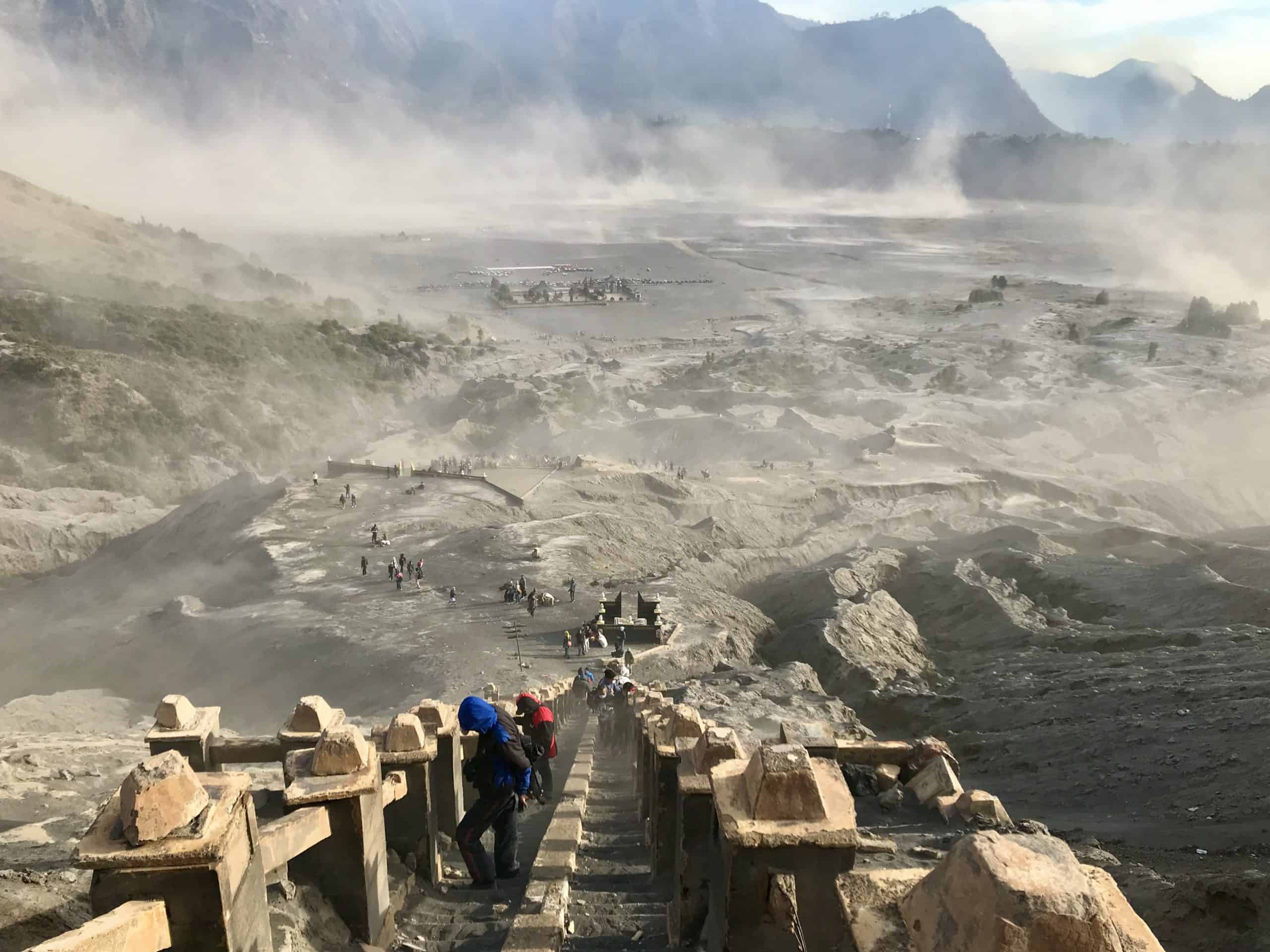 The Sea of Sand with the stairs leading up to Mount Bromo Crater