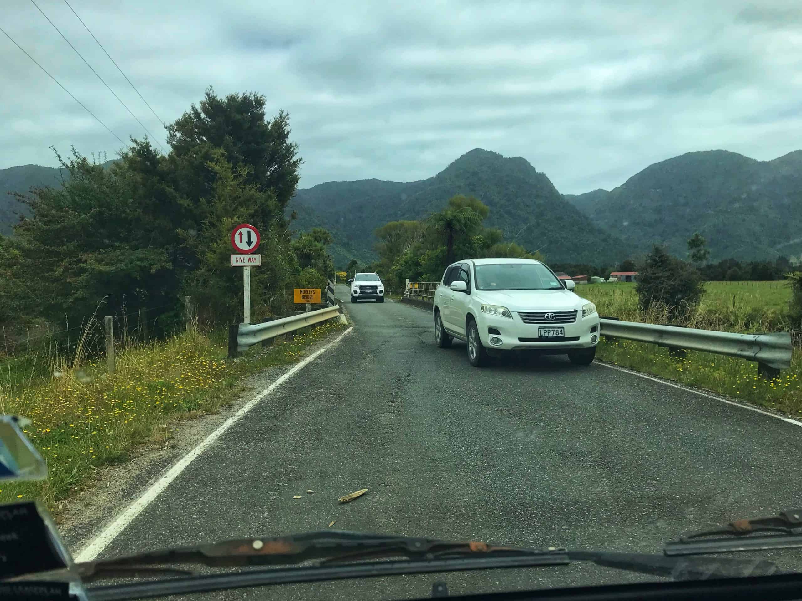 Queuing at a one lane bridge in New Zealand
