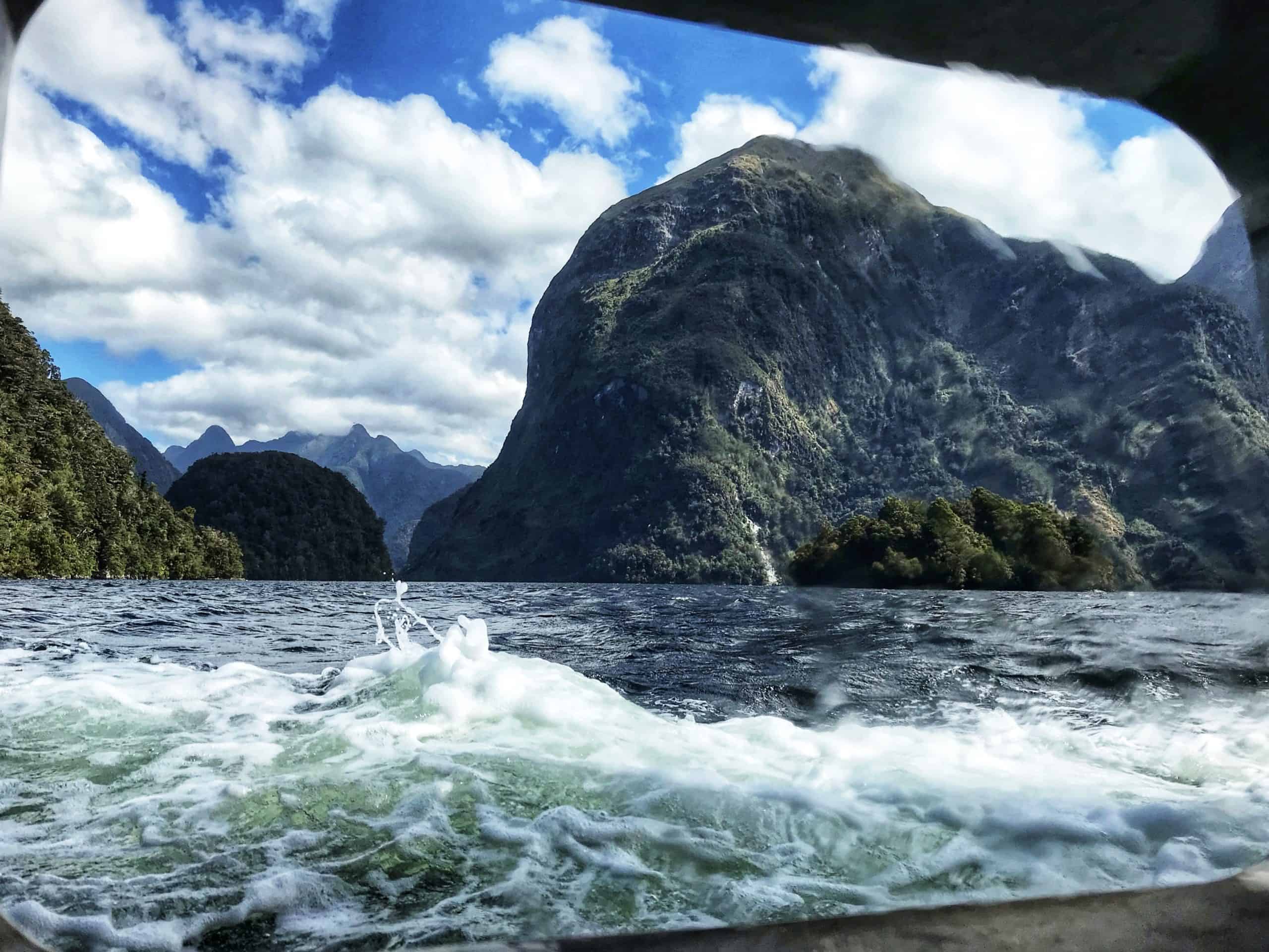 View of Doubtful Sound from our cabin on the overnight cruise with Real Journeys