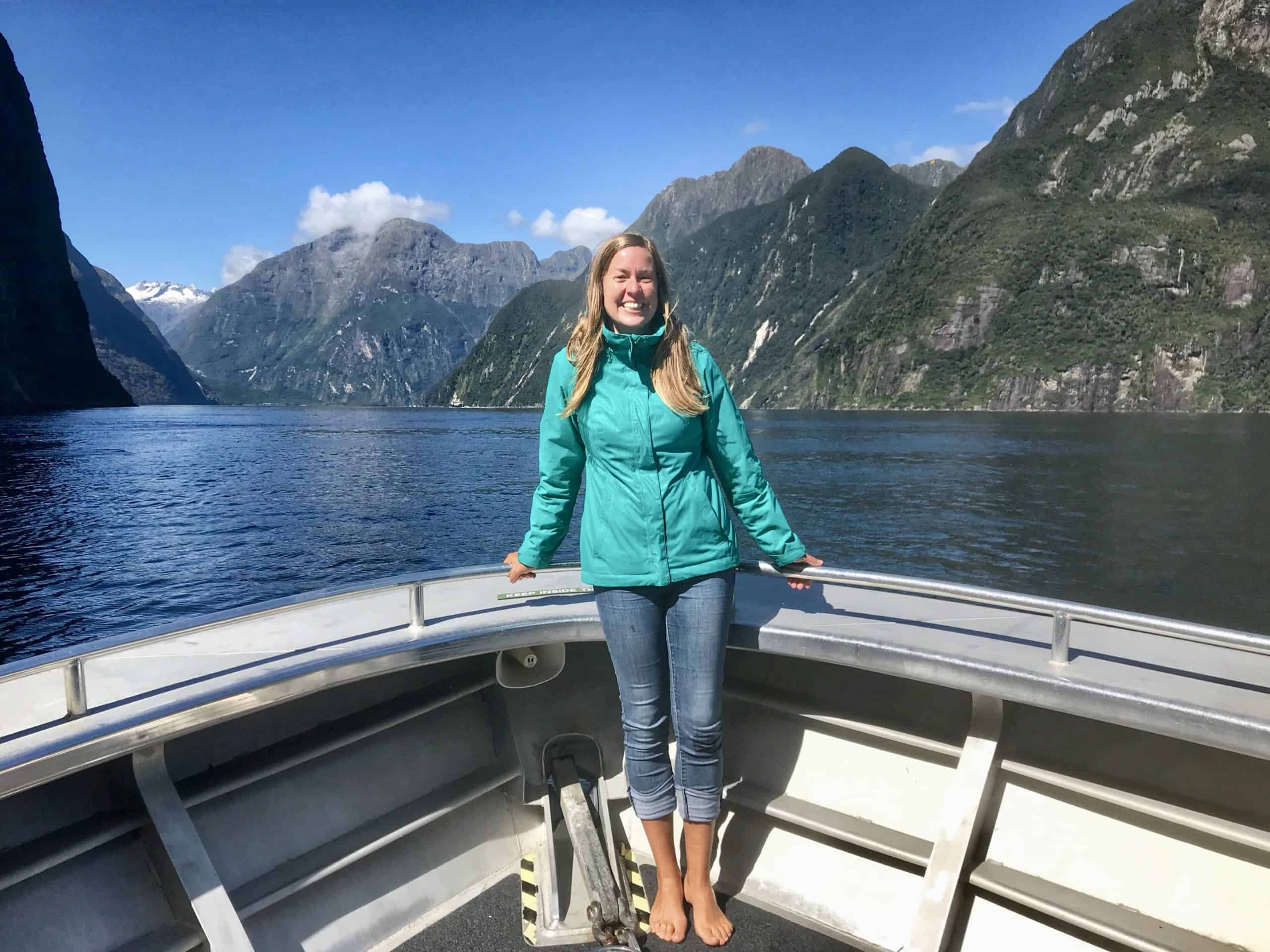 Joannda on a boat cruise on Milford Sound in Fiordland
